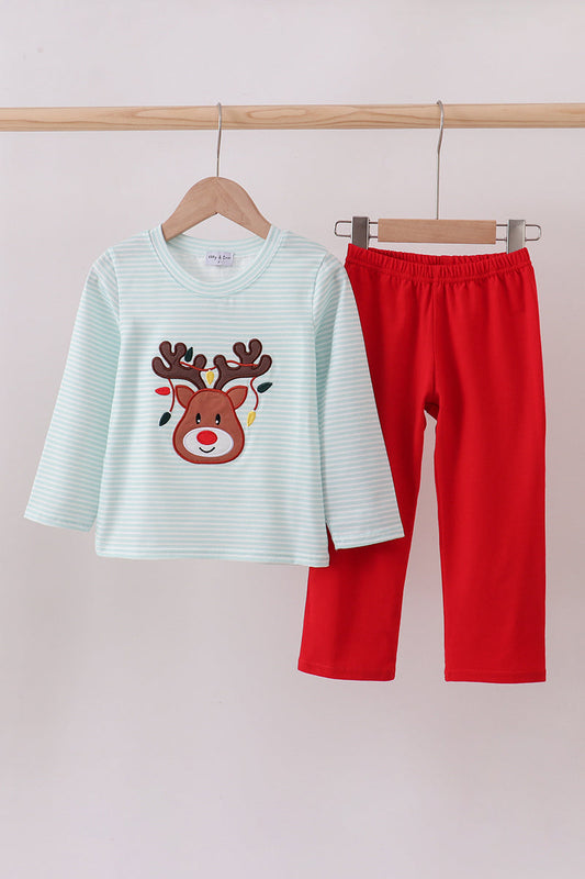 Blue Reindeer Applique Stripe Pants Set