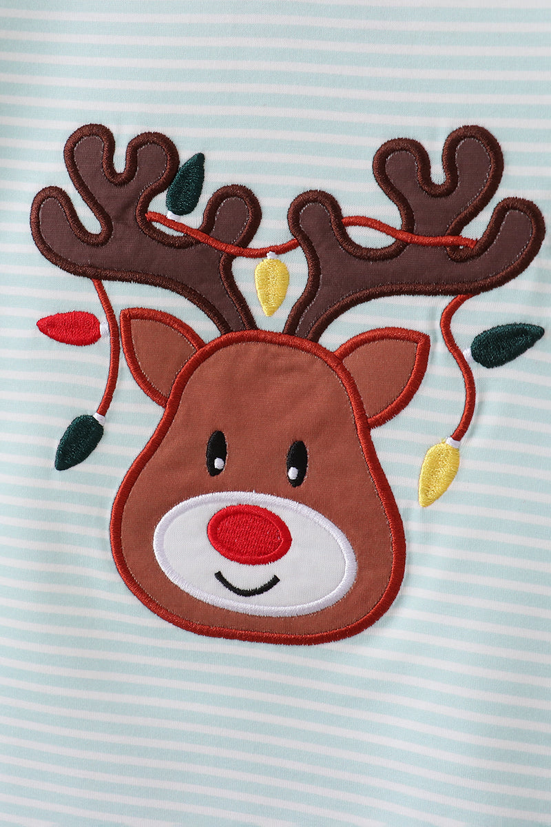 Blue Reindeer Applique Stripe Pants Set