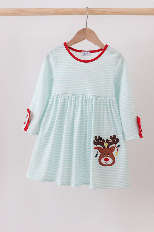 Blue Reindeer Applique Stripe Dress