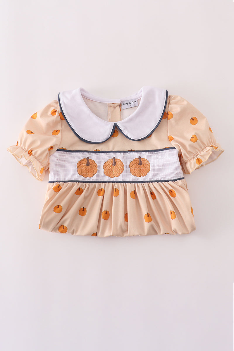 Khaki Embroidery Smocked Dress