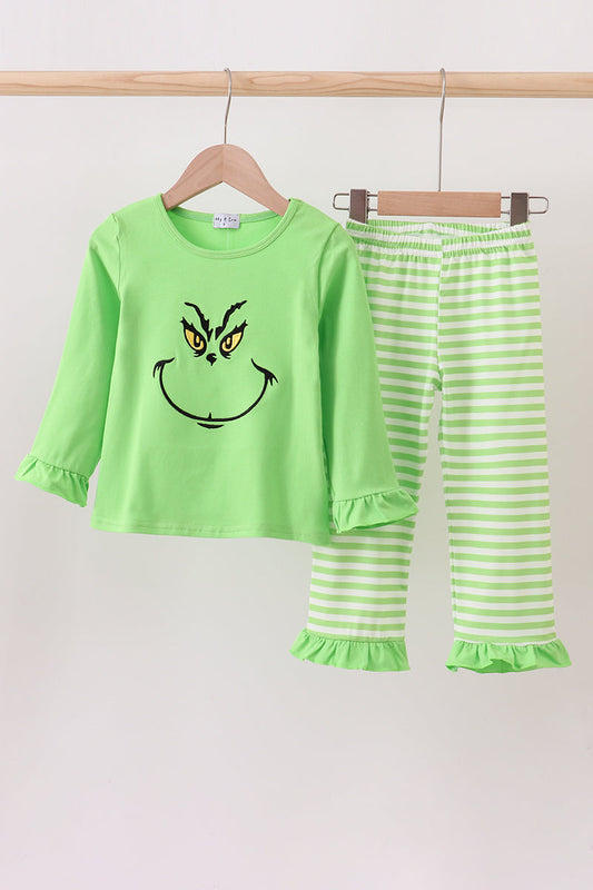 Green Grinch Embroidery Ruffle Pajamas Set