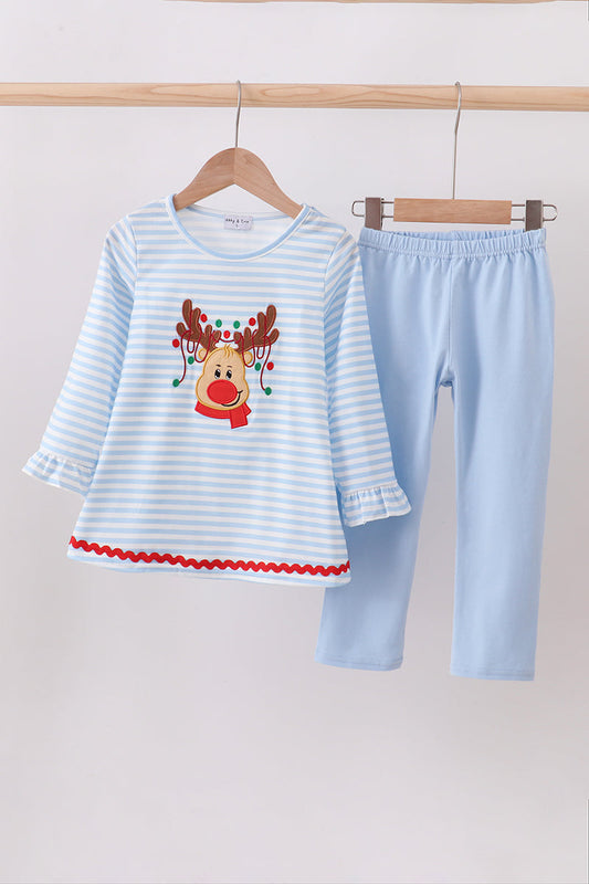 Blue Stripe Reindeer Applique Ruffle Pants Set