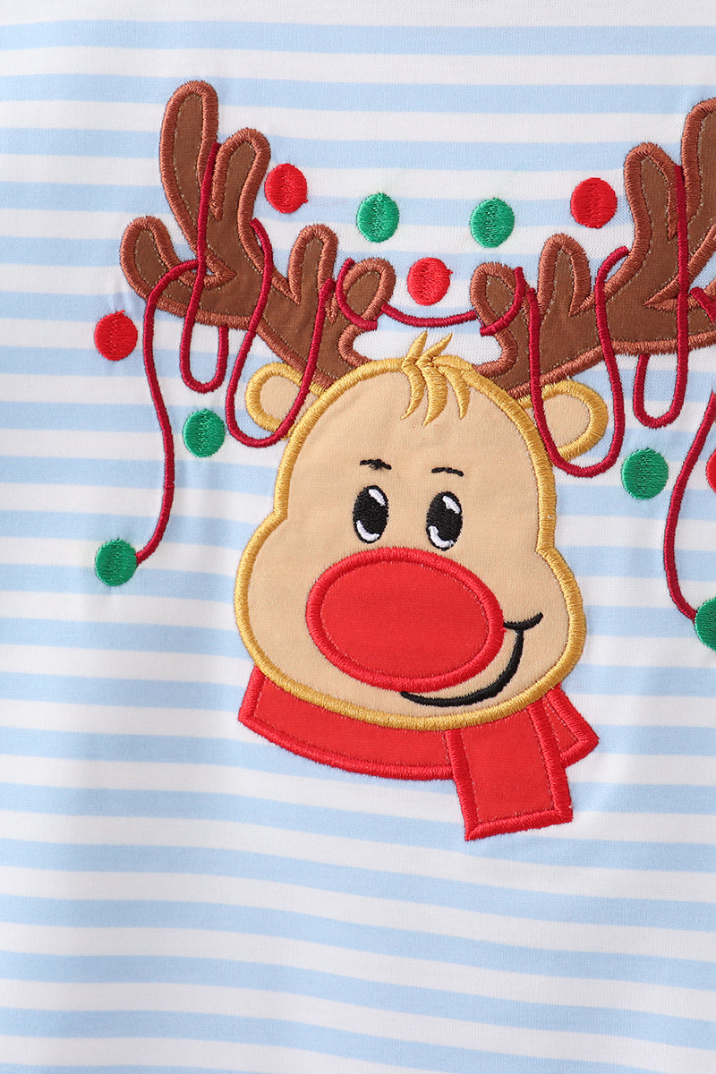 Blue Stripe Reindeer Applique Ruffle Pants Set