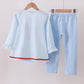 Blue Stripe Reindeer Applique Ruffle Pants Set