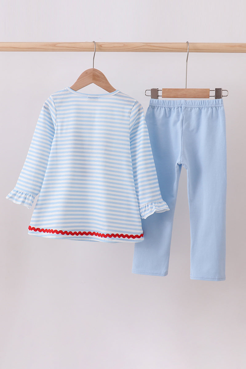 Blue Stripe Reindeer Applique Ruffle Pants Set