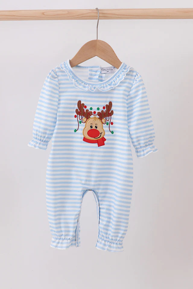 Blue Stripe Reindeer Applique Ruffle Romper