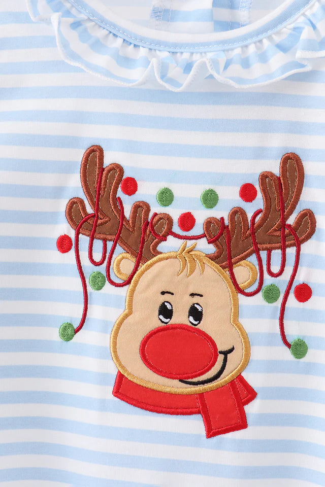 Blue Stripe Reindeer Applique Ruffle Romper