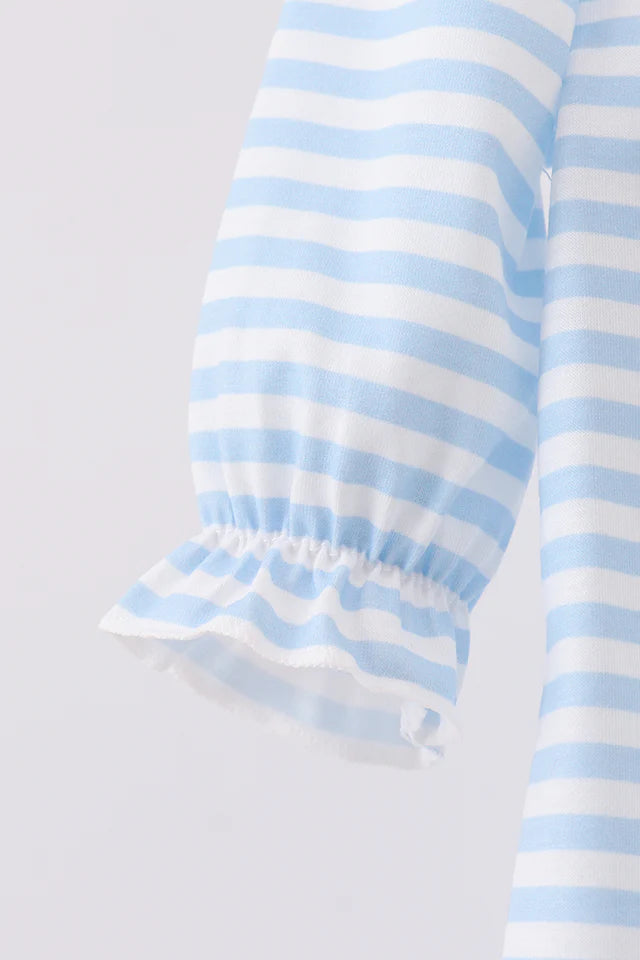 Blue Stripe Reindeer Applique Ruffle Romper