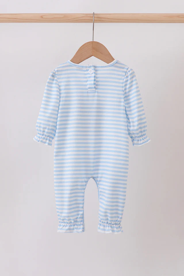 Blue Stripe Reindeer Applique Ruffle Romper