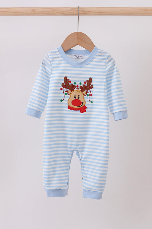 Blue Stripe Reindeer Applique Romper