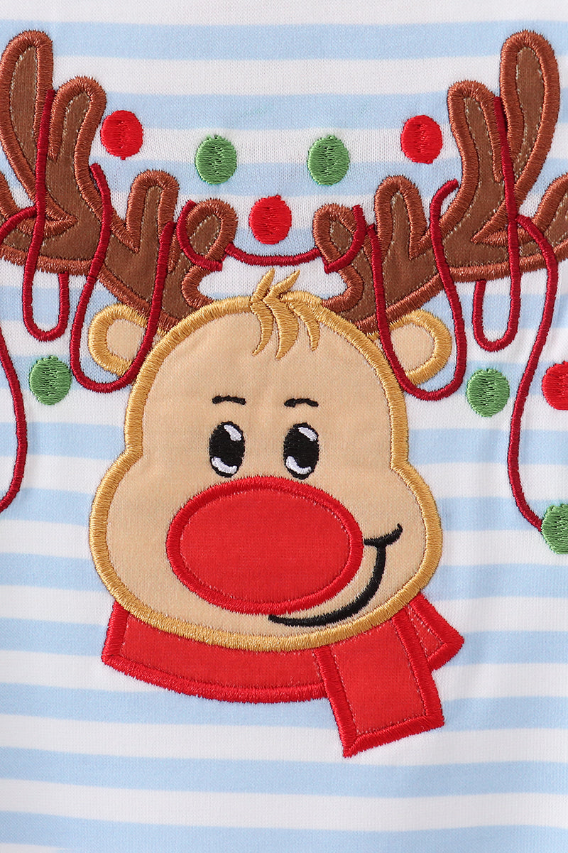 Blue Stripe Reindeer Applique Romper