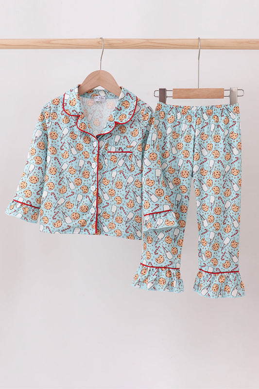 Santa Claus Cookie Print Ruffle Pajamas Set