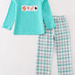 Teal Floral Print Forest Animal Embroidery Boy Set