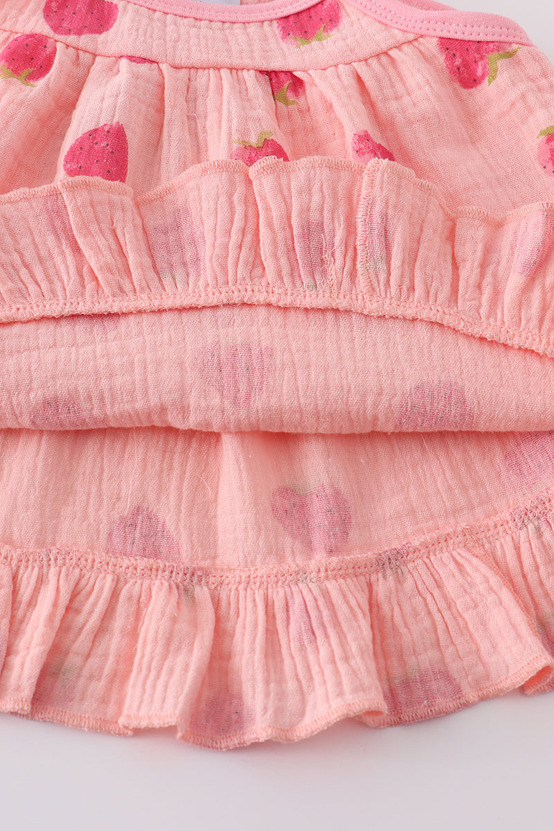 Pink Strawberry Print Muslin Girl Bloomer Set