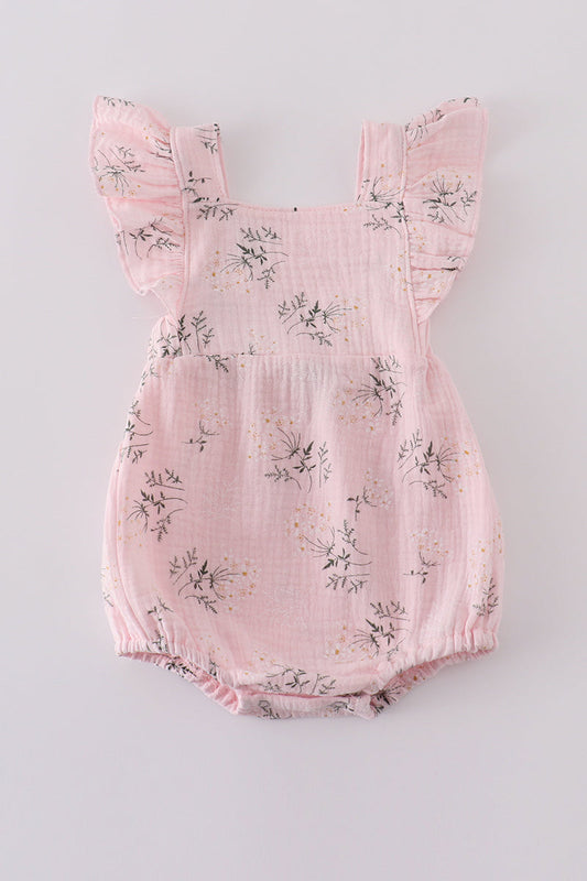Pink Floral Print Muslin Girl Ruffle Bubble