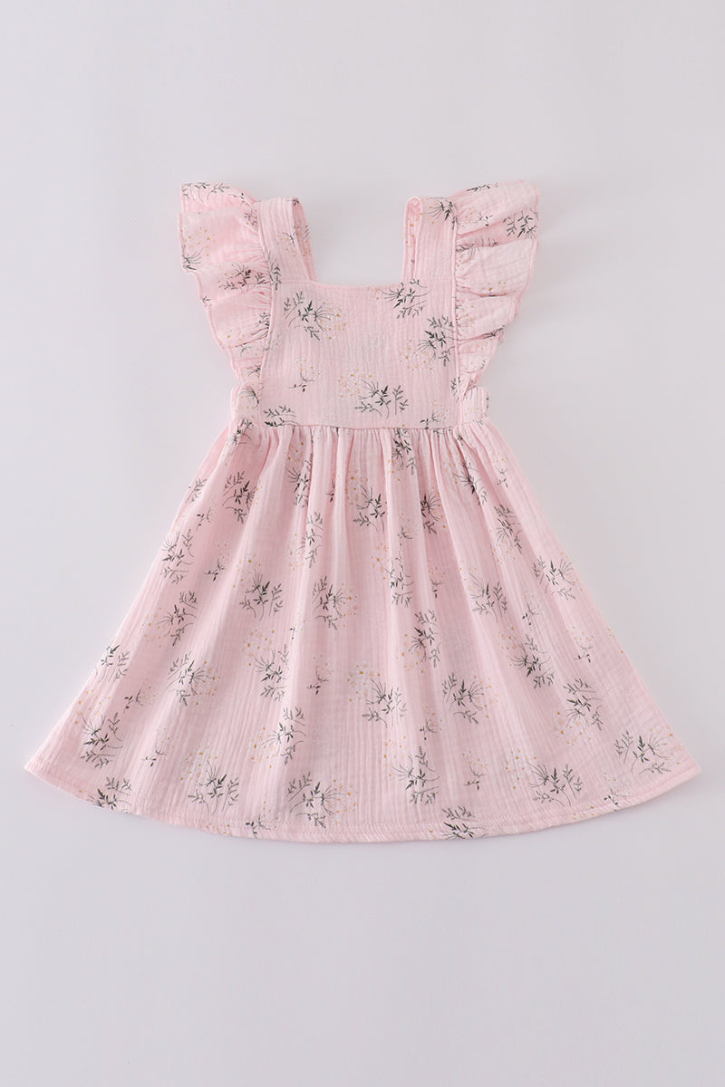 Pink Floral Print Muslin Girl Ruffle Dress