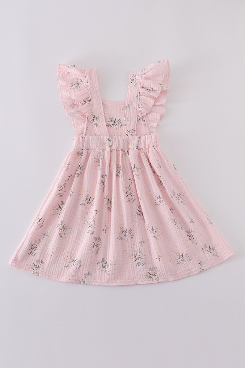 Pink Floral Print Muslin Girl Ruffle Dress