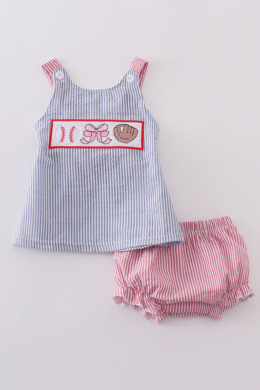 Pink Baseball Embroidery Smocked Bloomer Set
