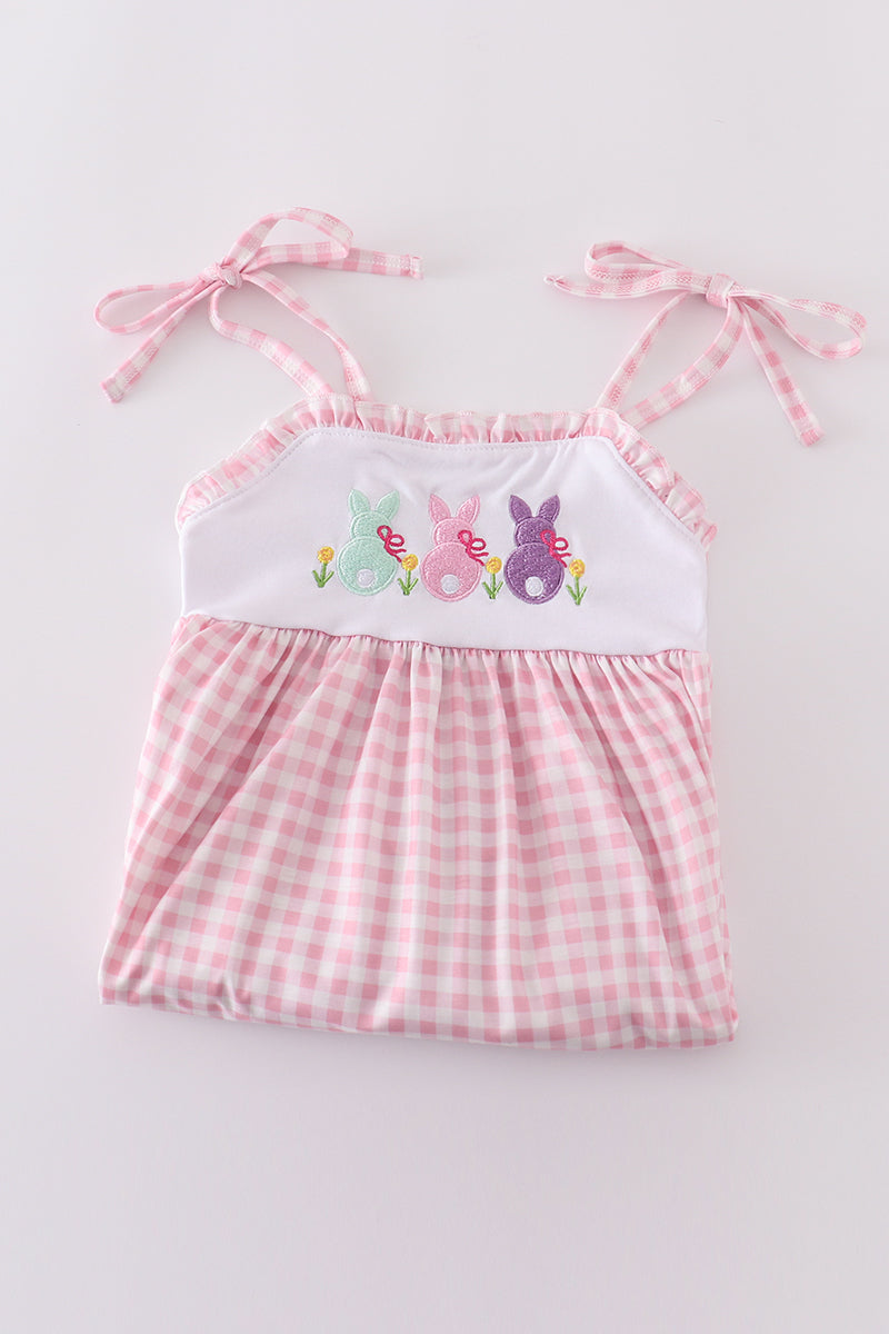 Pink Bunny Embroidery Gingham Dress