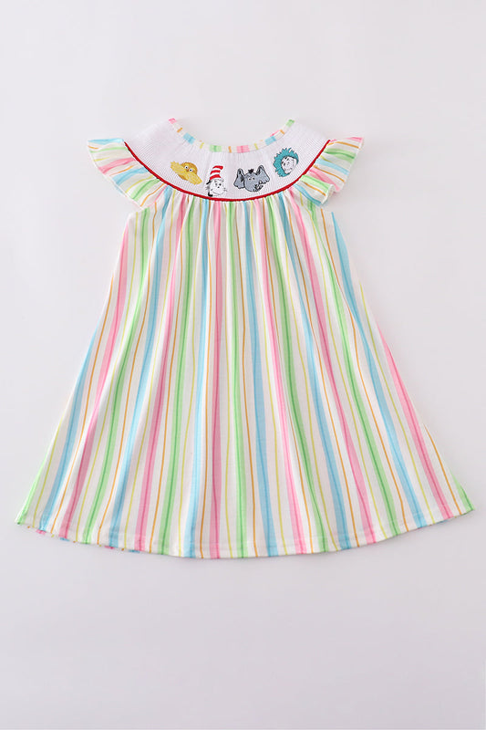 Stripe Dr. Seuss Embroidery Smocked Dress
