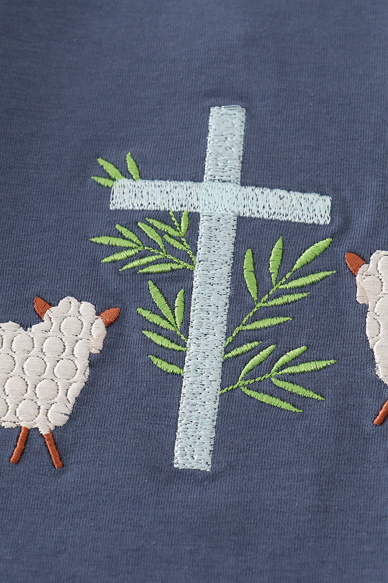 Navy Sheep Cross Embroidery Boy Set