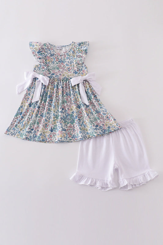 Vintage Meadow Print Bow Shorts Set