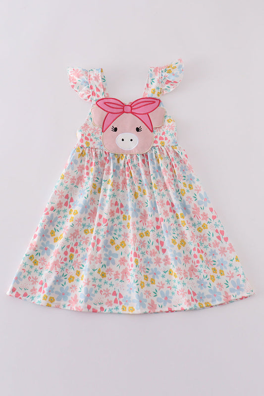 Pink Floral Pig Applique Dress