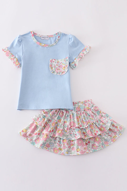 Blue Floral Print Skort Set