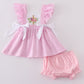 Pink Seersucker Cross Floral Embroidery Bloomer Set