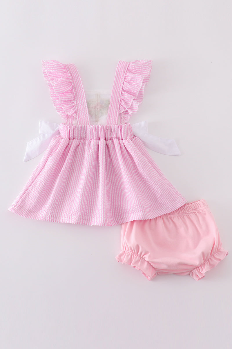 Pink Seersucker Cross Floral Embroidery Bloomer Set