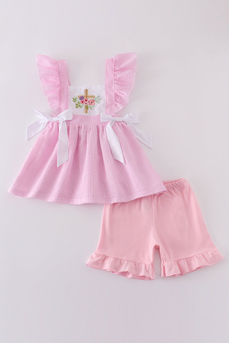 Pink Seersucker Cross Floral Embroidery Set
