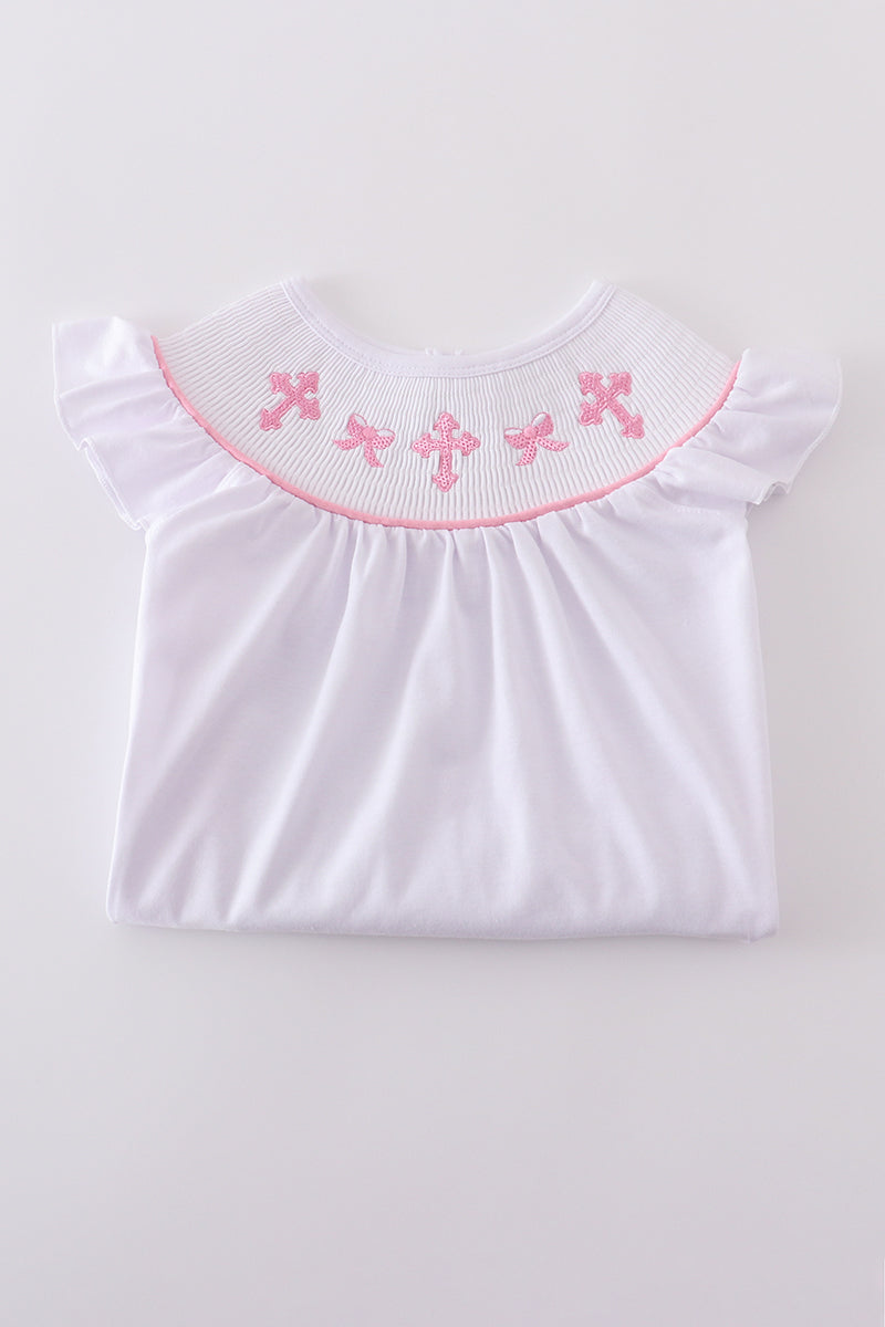Pink Cross Embroider Smocked Set