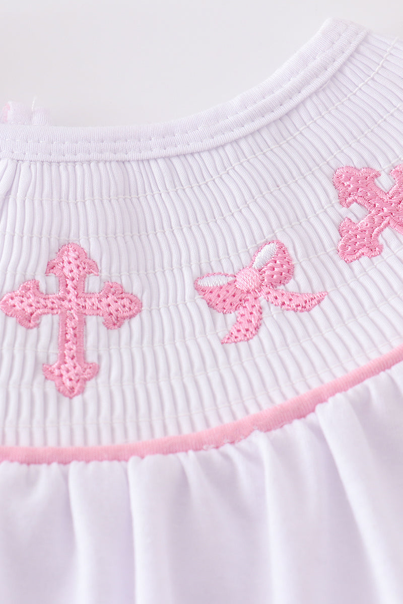 Pink Cross Embroider Smocked Bloomer Set