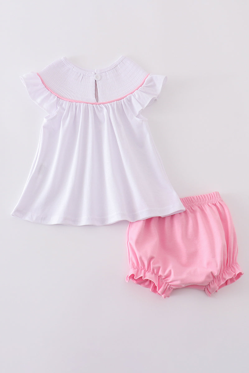 Pink Cross Embroider Smocked Bloomer Set