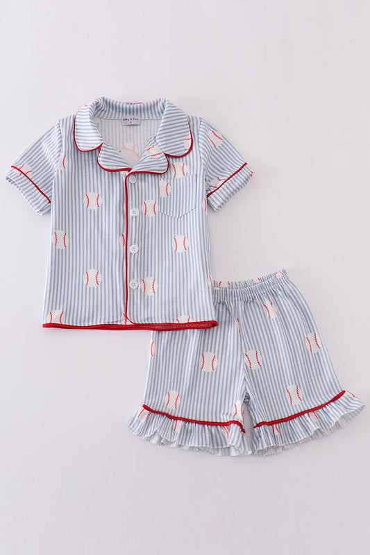 Blue Stripe Baseball Girl Pajamas Set