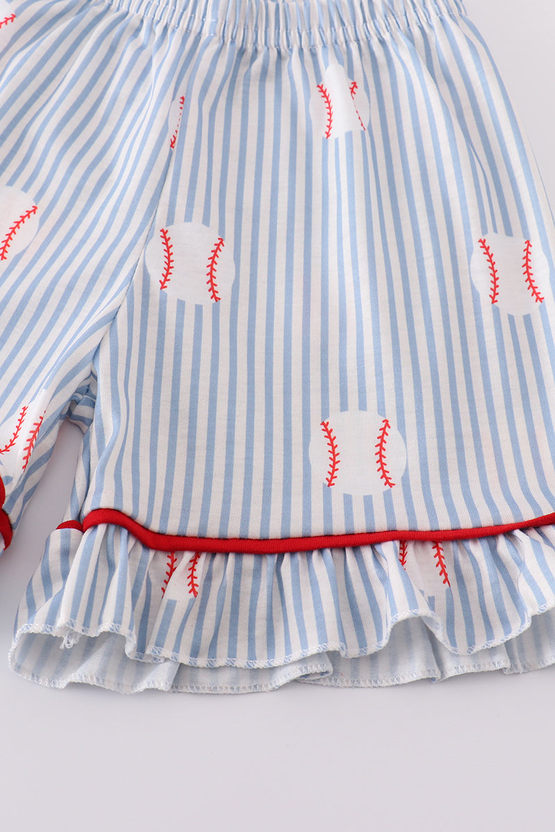 Blue Stripe Baseball Girl Pajamas Set