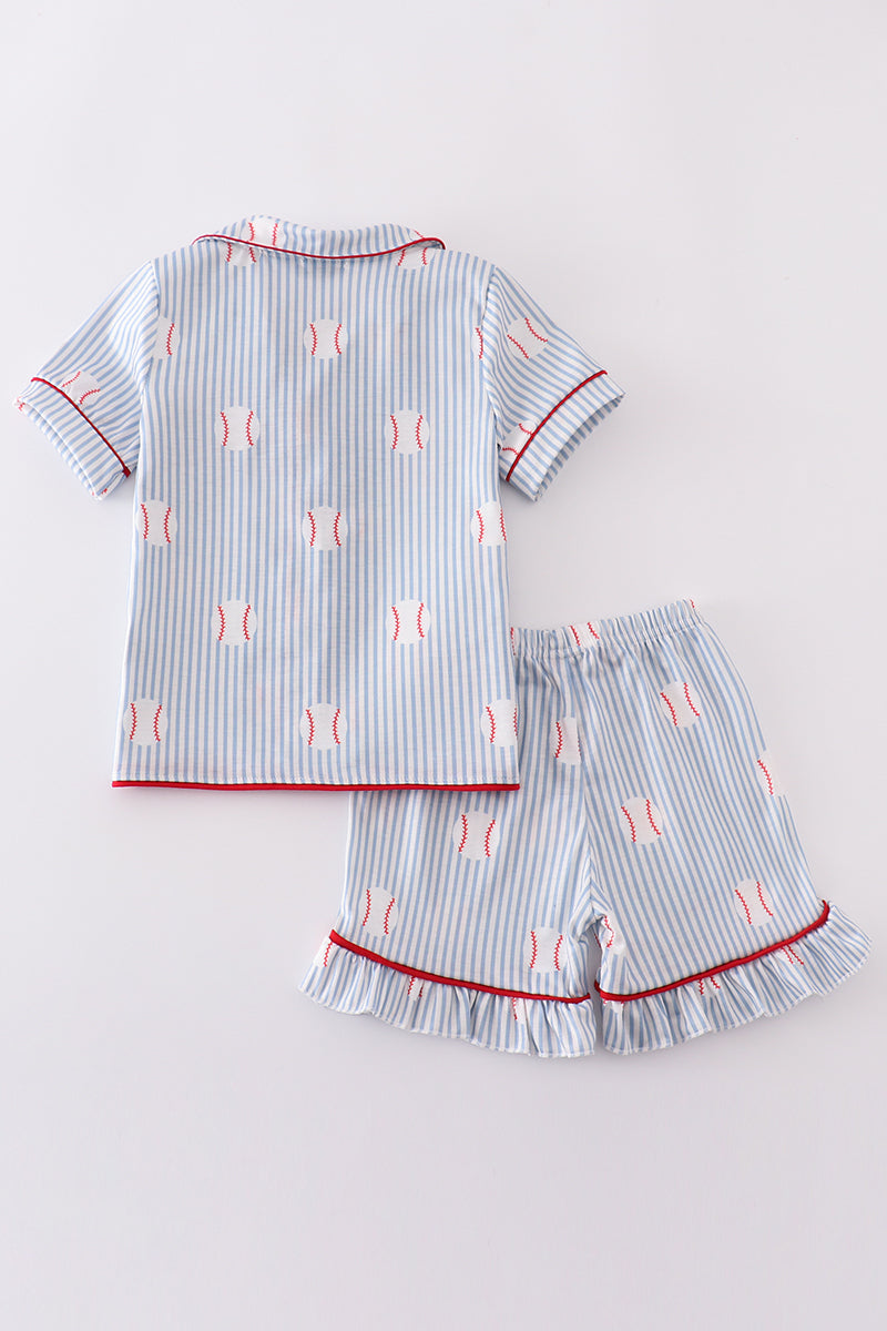 Blue Stripe Baseball Girl Pajamas Set