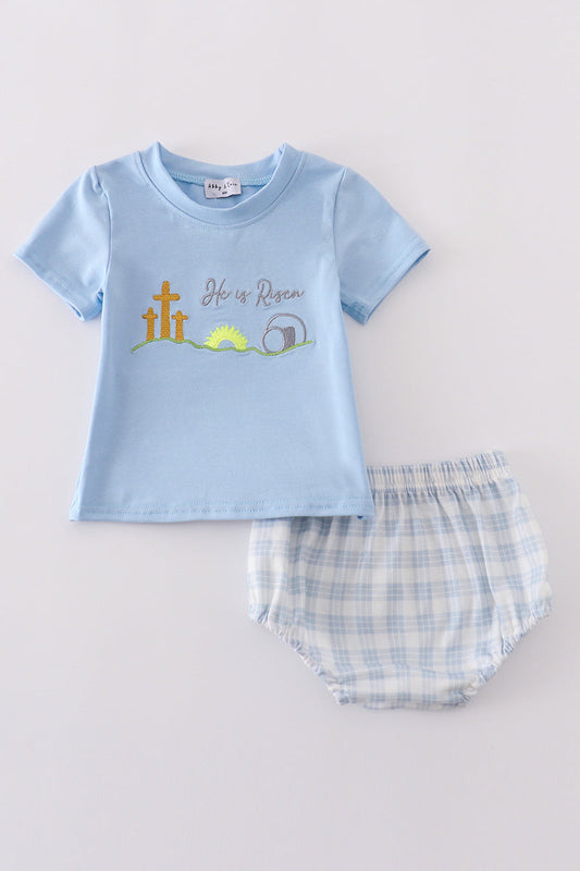 Blue Plaid He Is Risen Embroidery Bloomer Set