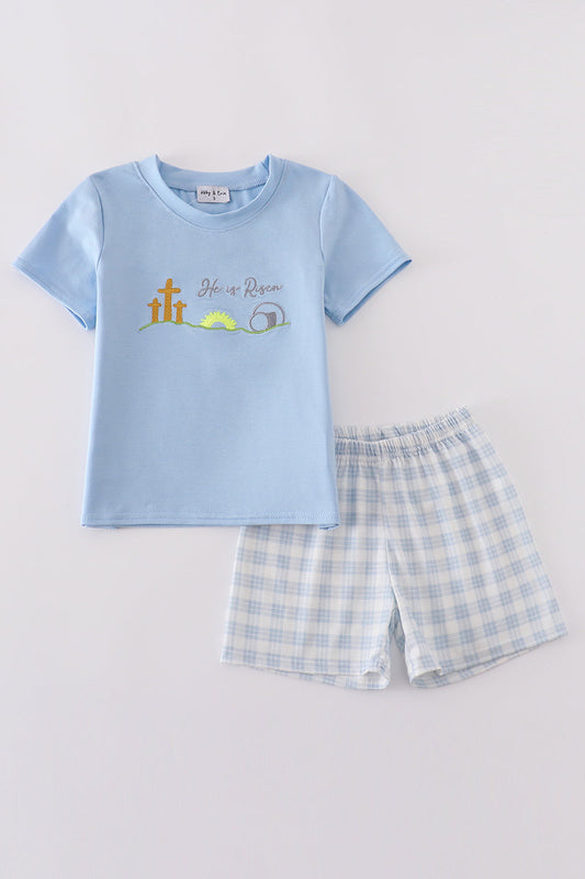 Blue Plaid He Is Risen Embroidery  Set