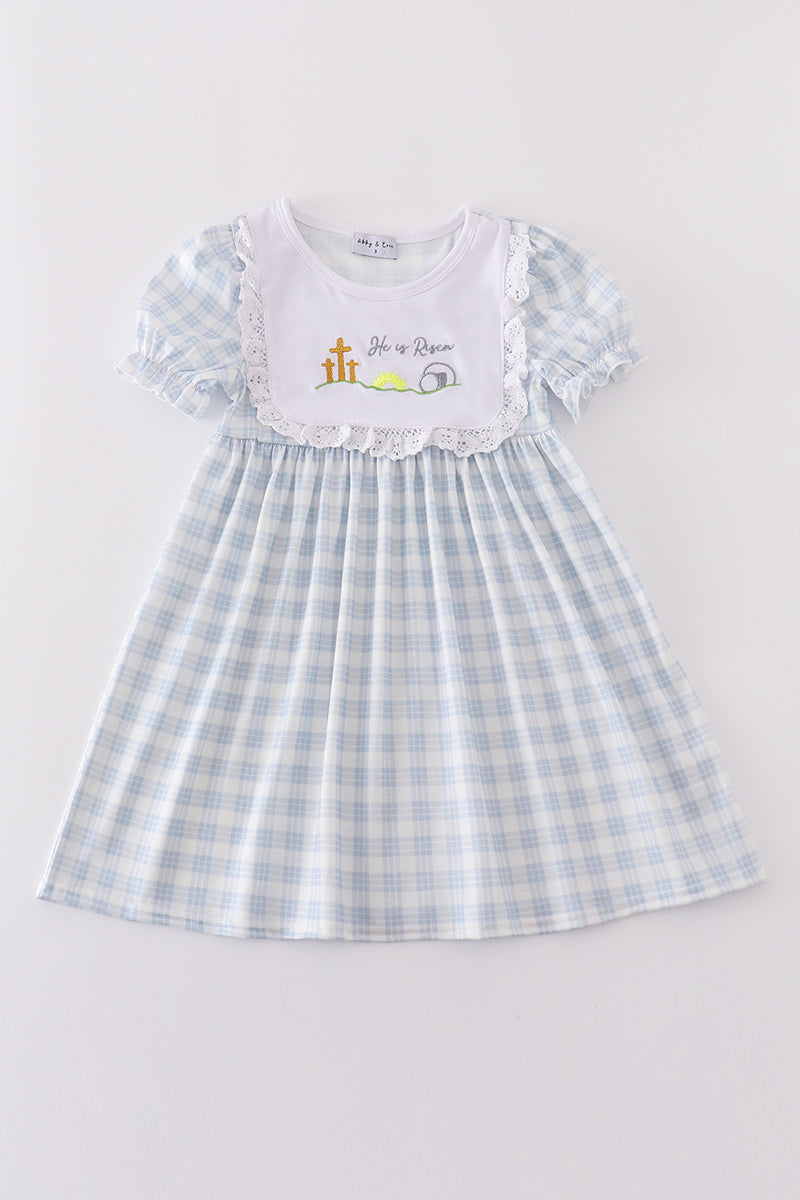 Blue Plaid He Is Risen Embroidery Dress