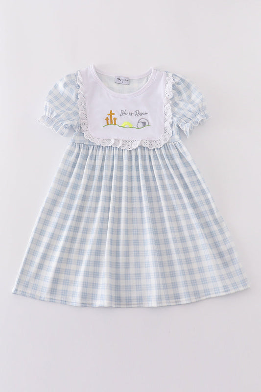 Blue Plaid He Is Risen Embroidery Dress