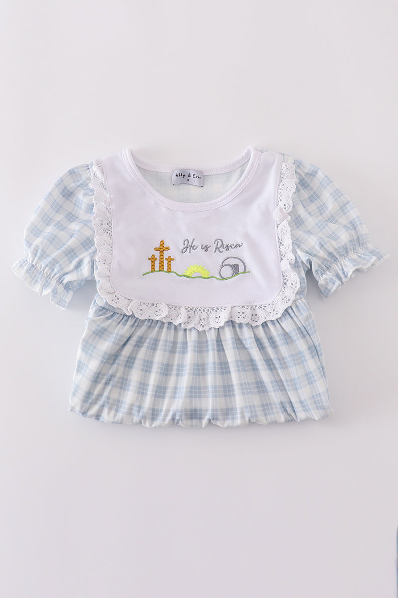 Blue Plaid He Is Risen Embroidery Dress