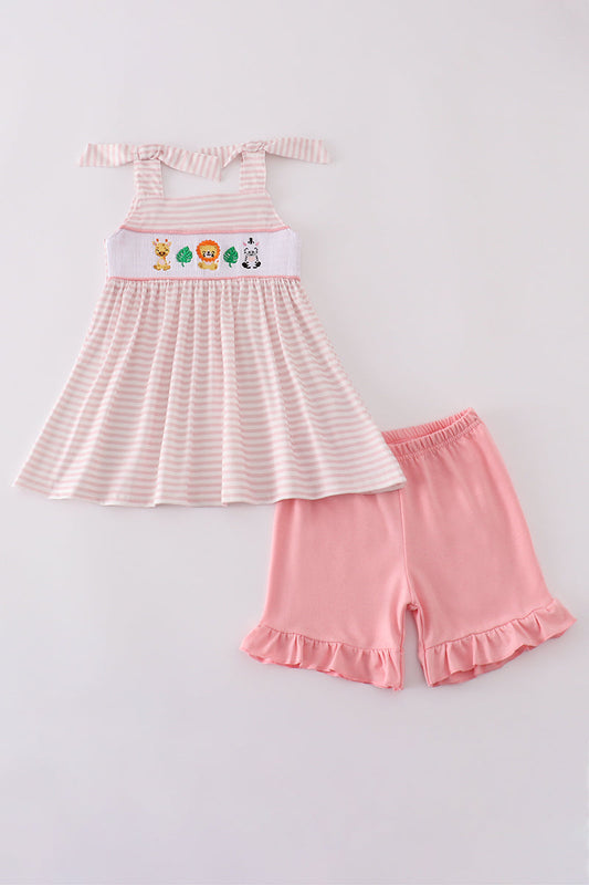 Pink Stripe Animal Embroidery Smocked Set