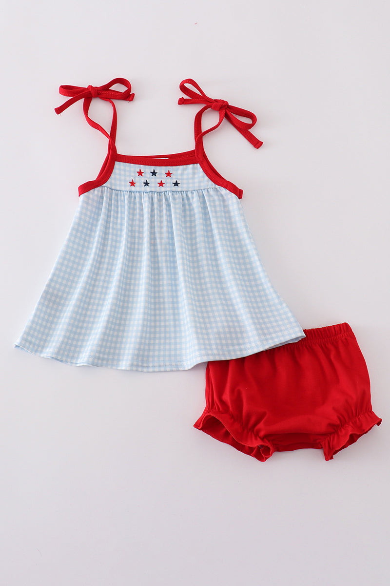 Gingham Star Embroidery Bloomer Set