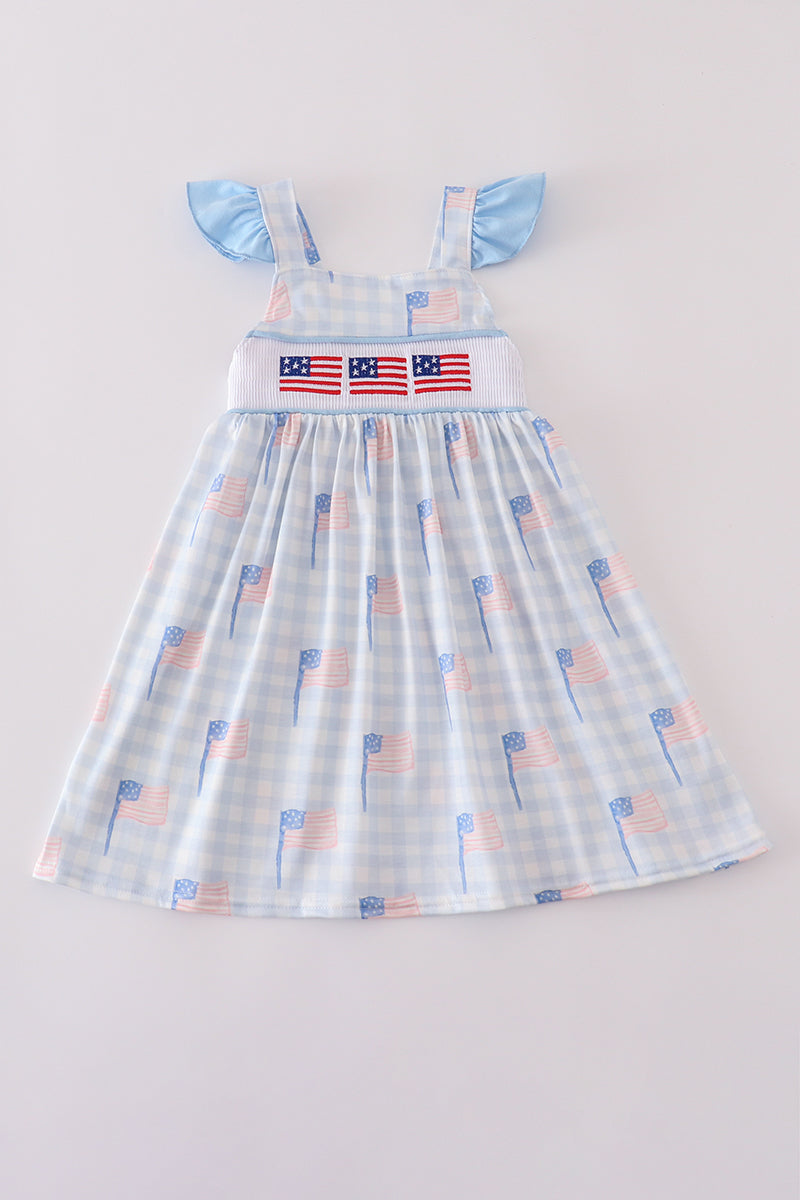 Blue Flag Embroidery Smocked Gingham Dress