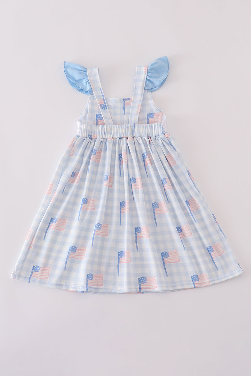 Blue Flag Embroidery Smocked Gingham Dress