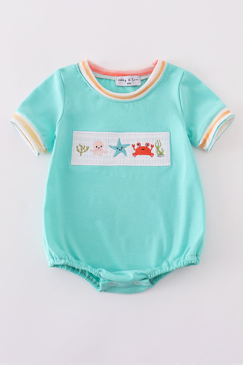 Blue Marine Creature Embroidery Smocked Bubble