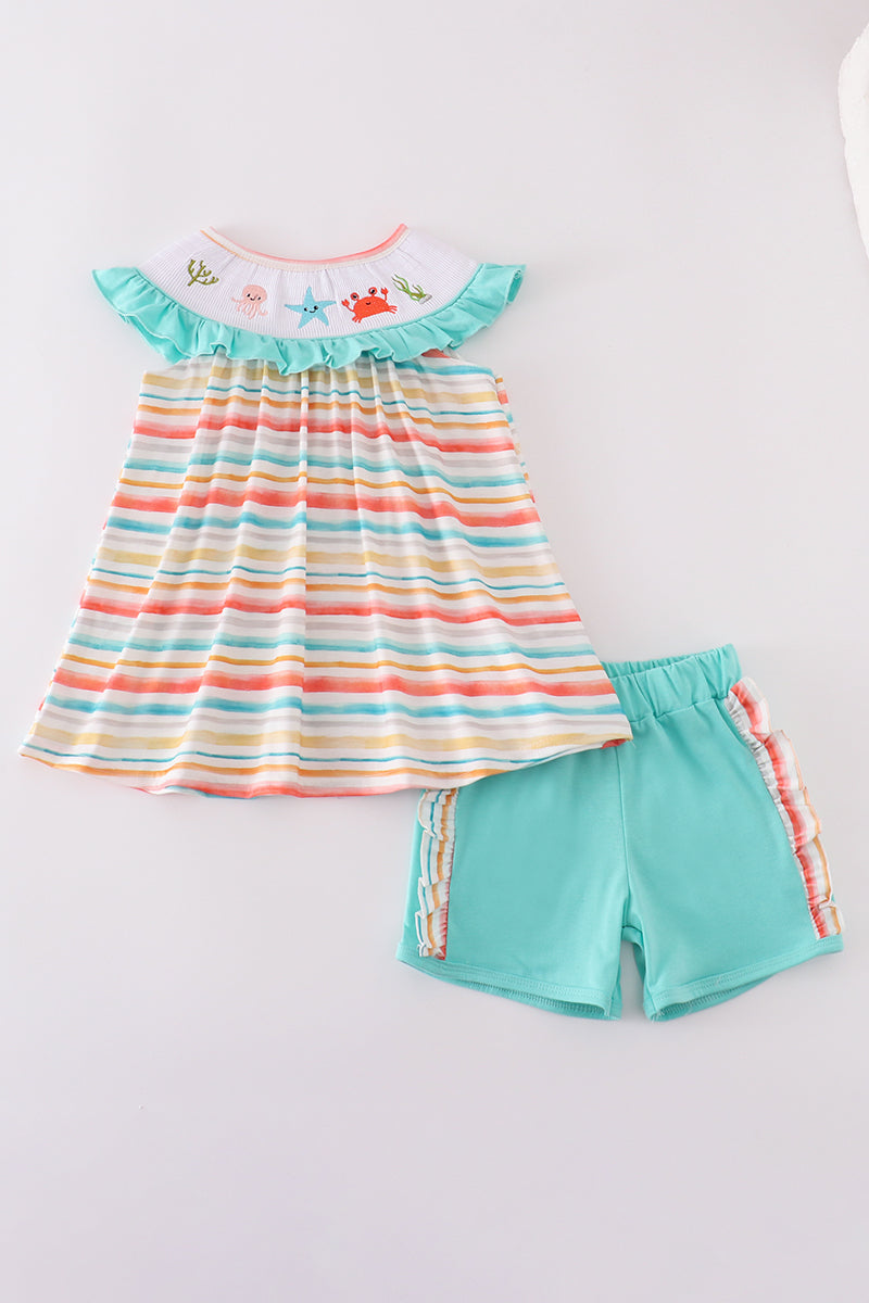 Rainbow Stripe Marine Creature Embroidery Smocked Shorts Set