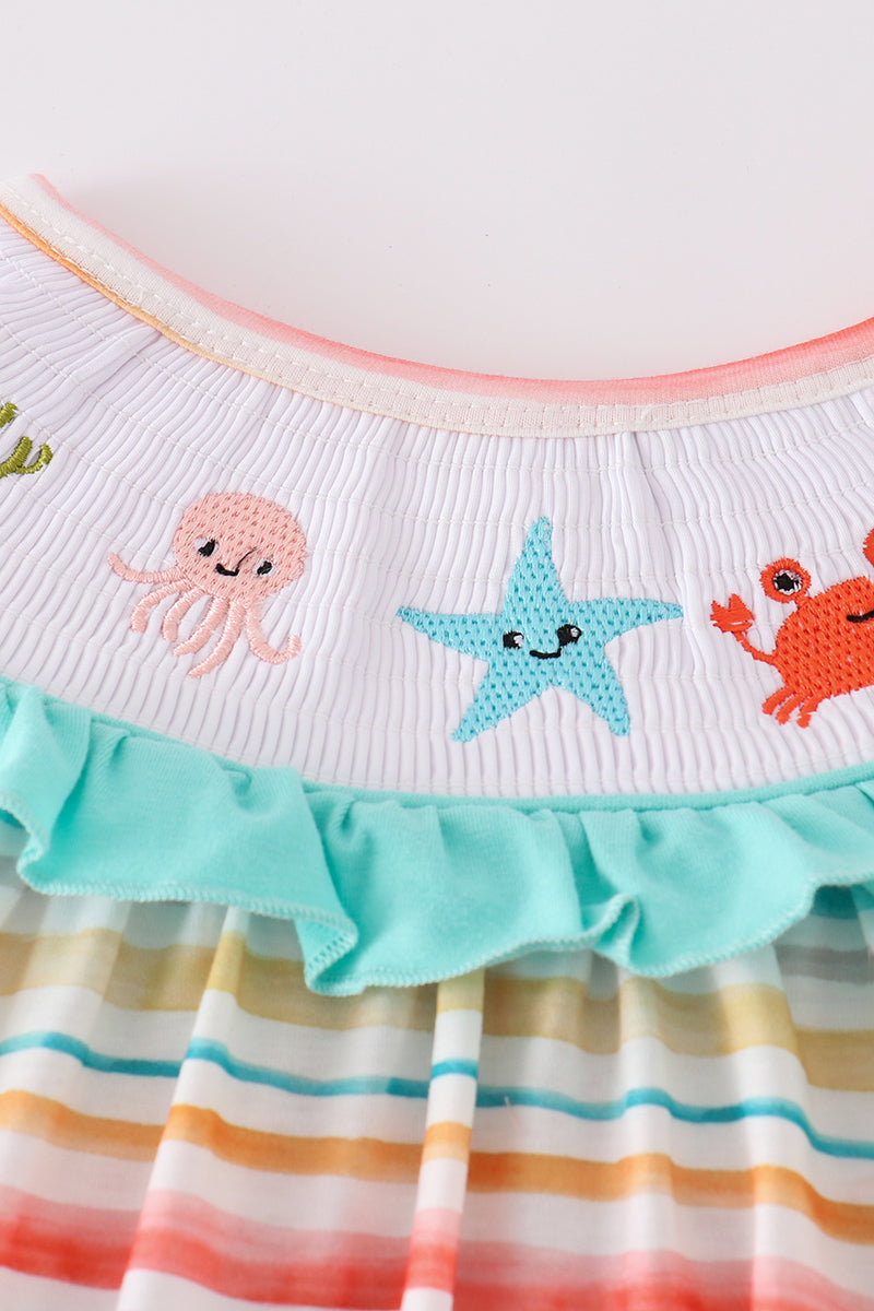 Rainbow Stripe Marine Creature Embroidery Smocked Shorts Set