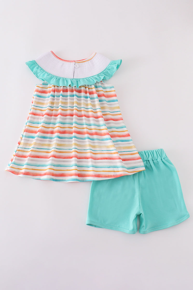 Rainbow Stripe Marine Creature Embroidery Smocked Shorts Set
